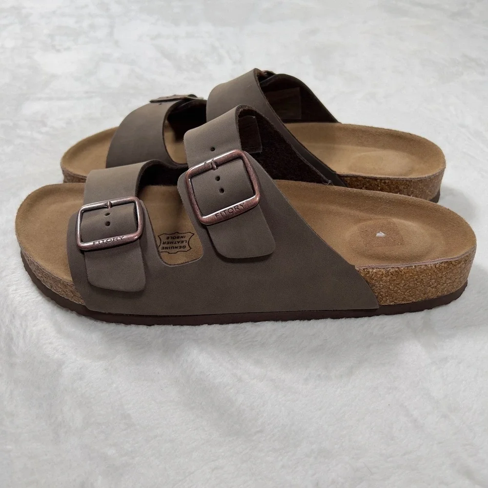 FITORY Mens Flat Sandals Brown Two Strap Buckle Cork Footbed Slide Shoes US 10